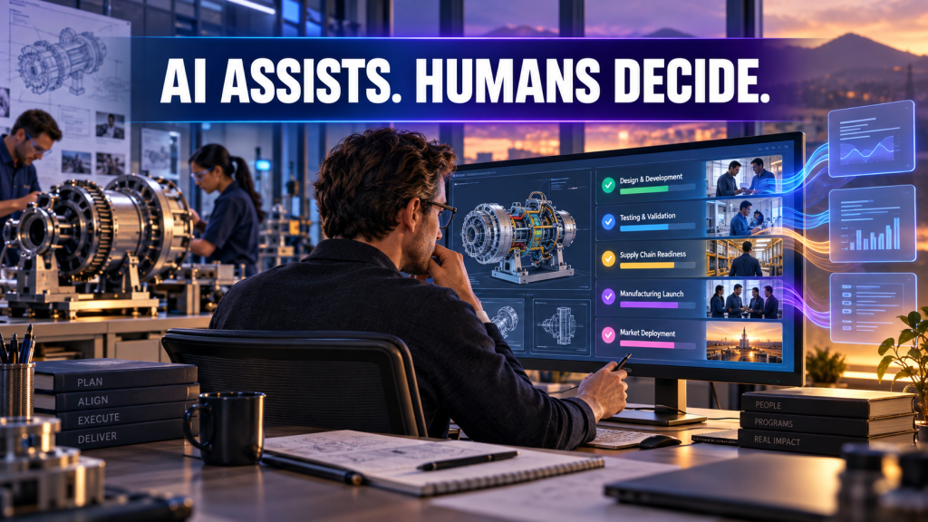 Editorial illustration of a program leader reviewing an engineering dashboard, with the headline AI Assists. Humans Decide.