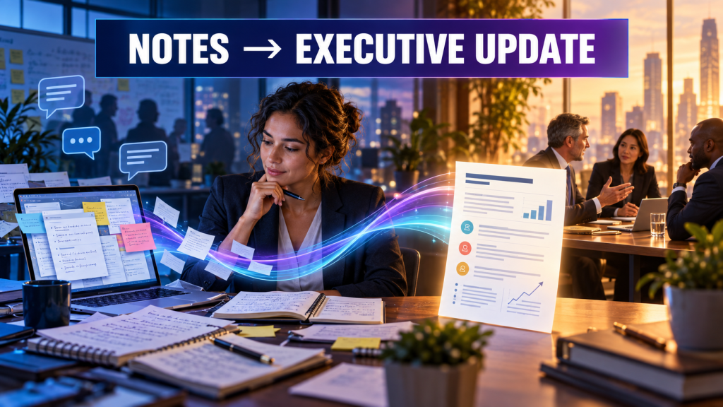 Editorial illustration of a program manager turning scattered meeting notes into a concise leadership brief, with the headline Notes to Executive Update.