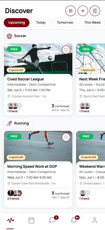Thump! app screen showing nearby pickup games, from the official Thump! website.